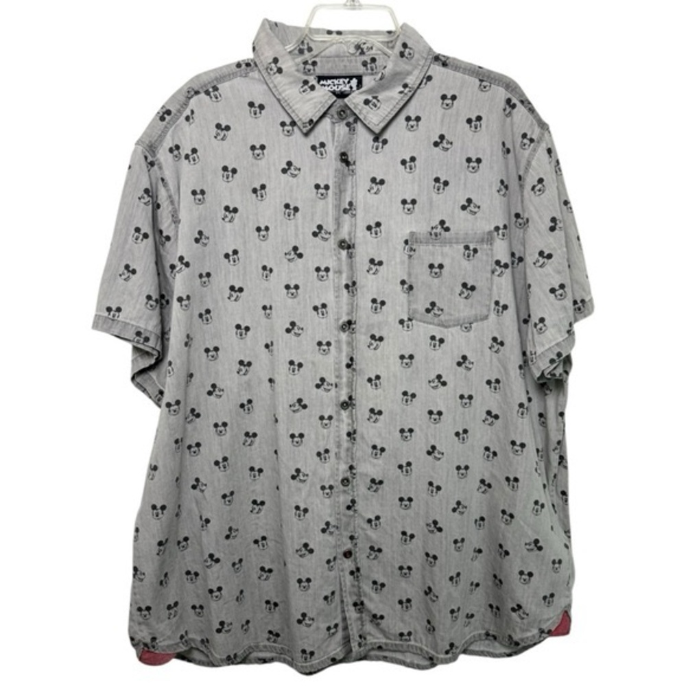 DISNEY Mickey Mouse Button Down Shirt Grey Cartoon Print Retro